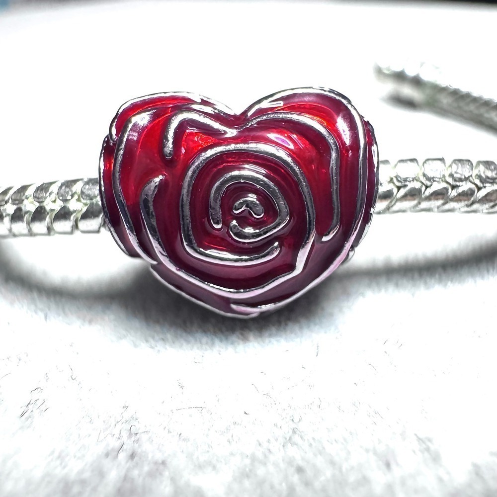 Heart Rose Charm Bead Red Enamel Silver Tone fits Pandora - Picture 10 of 11